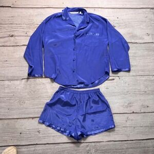 Victoria's Secret Silky Pajama Set Royal Blue Button Up Top Shorts M